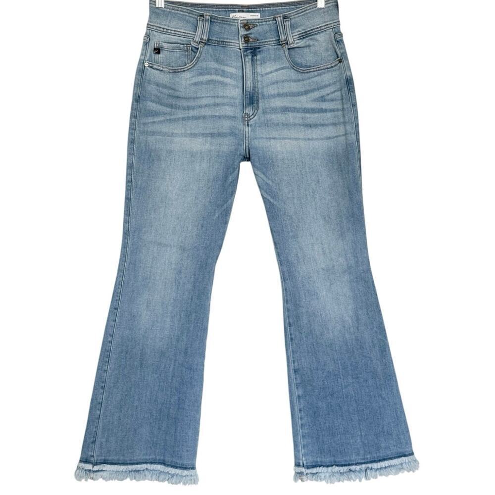 KanCan Light Wash High-Rise Flare Jeans with Frayed Hem